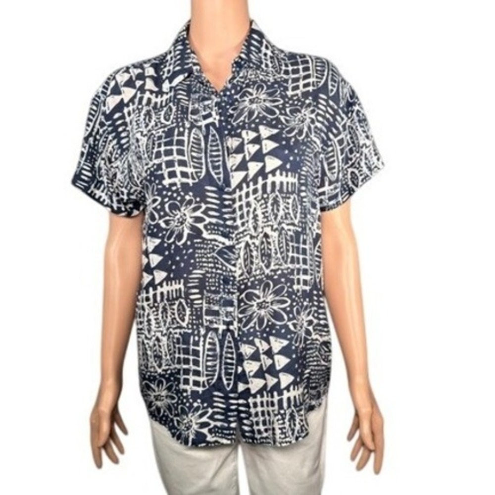 Jane Ashley Petite Navy Blue White 100% Silk Abstract Floral Button Down Top PL